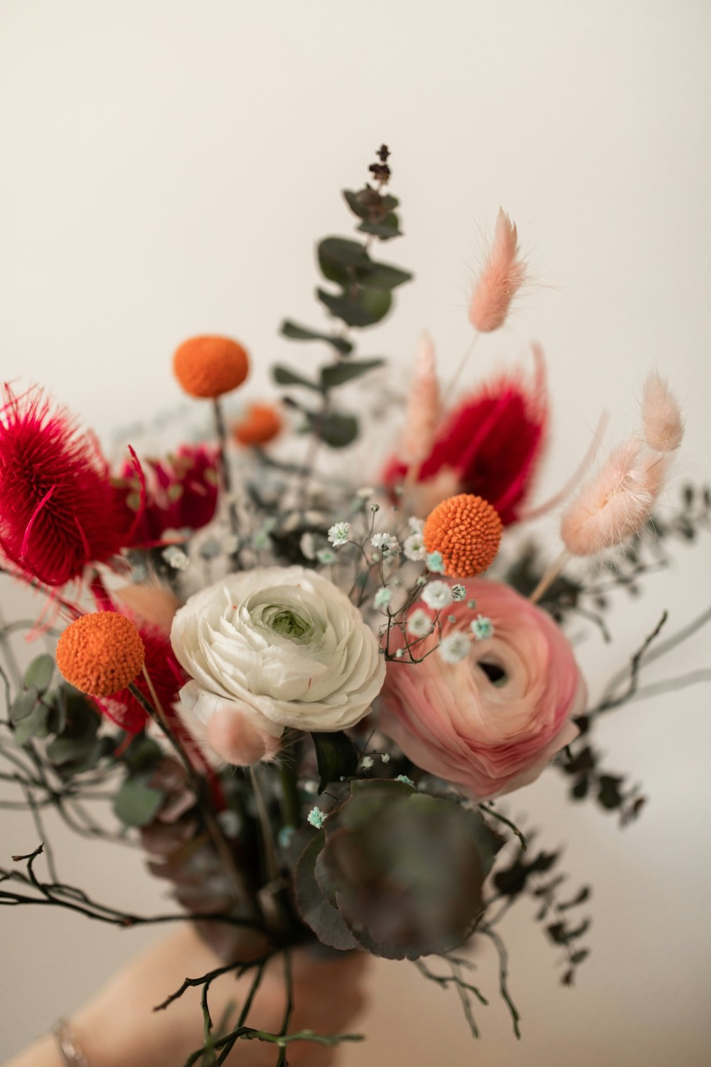 Dried ranunculus, protea and grasses in a soft arrangement