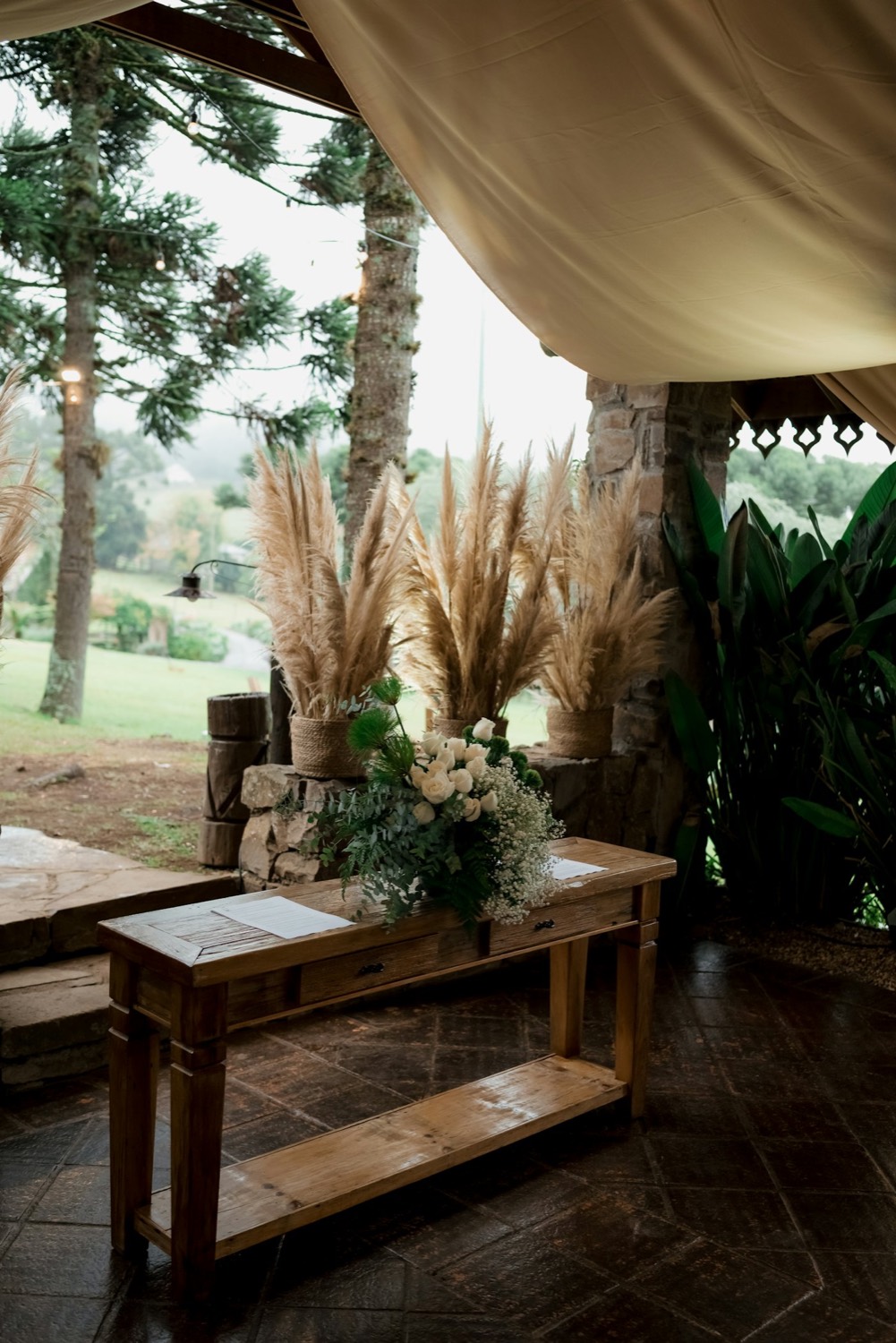 Pampas grass installations around a lounge area